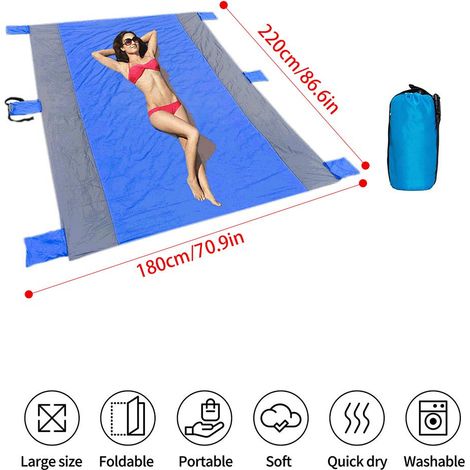 Couverture de plage grand format 220 cm x 180 cm, couverture de pique-nique extérieure anti-sable en nylon avec 4 piquets pour les voyages, le camping et la randonnée (1/5)
