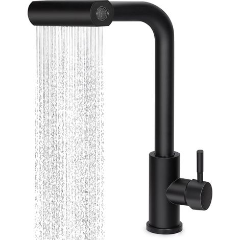Ausziehbare Wasserfall-Küchenarmatur, 360° drehbarer Küchenmischer mit Ausziehbrause, 4 Strahlarten, Warm- und Kaltwasserfunktion (Schwarz) (1/5)
