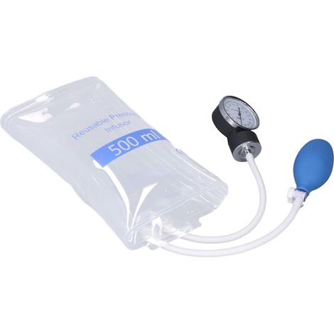 Poche de perfusion sous pression de 500 ml avec manomètre et pompe, transparente, pour perfusion de liquide sanguin en milieu hospitalier. (1/5)