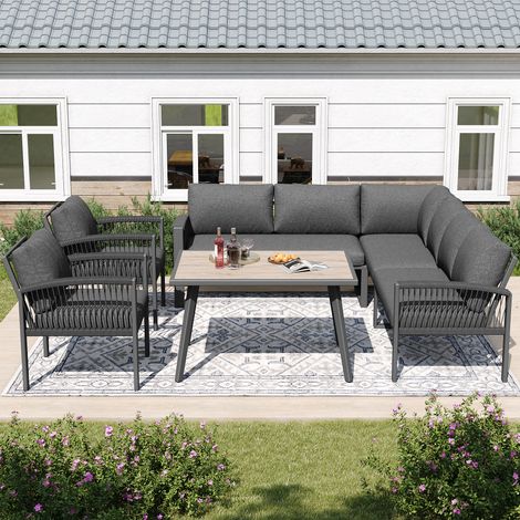 Set di divani da giardino 8 posti, Divano angolare + 2 poltrone + 1 tavolo da pranzo, gambe regolabili, con cuscini completi, metallo + legno, grigio scuro (1/5)