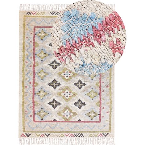Alfombra de yute beige verde azul marrón rosa 140 x 200 cm a mano borlas Terkos