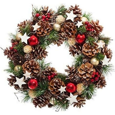 Couronne de Noël artificielle - - 35 cm - Houx, pommes de pin et étoiles - Multicolore - Polystyrène & PVC