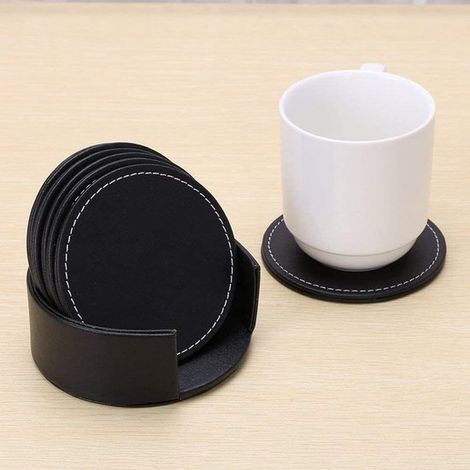 MTTproducts – Untersetzer mit Halter – Untersetzer für Gläser – Korkuntersetzer – 6er-Set – Schwarz – Lederuntersetzer (1/5)