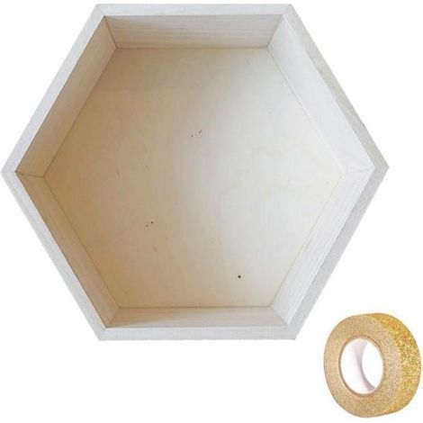 Etagère hexagone bois 27 x 23,5 x 10 cm + masking tape doré à paillettes 5 m