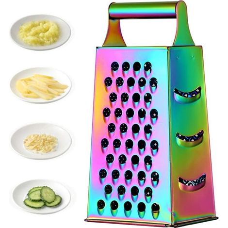 Large Stainless Steel 4 Sides Grater Slicer with Handle, Multifunctional Cutter Planing for Ginger, Garlic, Cucumbers, Carrots, Cheese, Potato, Ergonomic Design Kitchen Gadgets Accessories Rainbow (1/3)