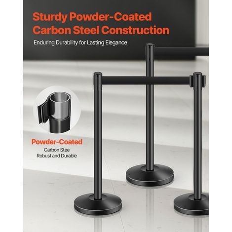 Poteau de guidage, 4 pcs, barrière de balisage pour contrôle de foules, avec base creuse, sangle rétractable noire et poteaux noirs… (1/5)