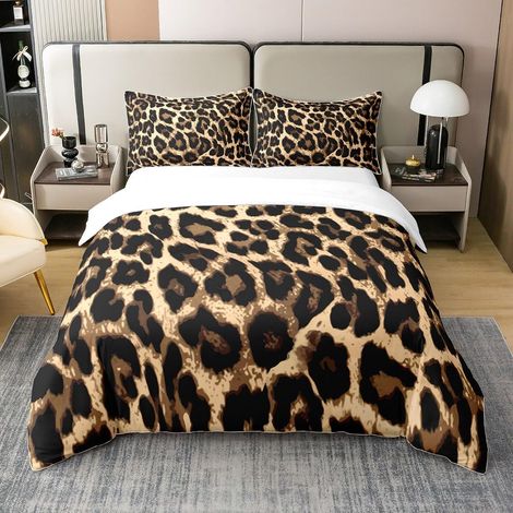 Léopard 100% Coton Housse De Couette 200X200Cm Noir Marron Léopard Parure De Lit Coton Africain Literie Garçon Chambre À Coucher Décoration Thème La Faune Africaine 2 Pièces - 200 x 200 cm + 2 taies d (1/5)