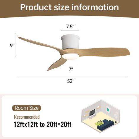 Ventilateur de plafond plat 52 pouces avec télécommande, 3 pales ABS, moteur DC réversible, ultra-silencieux et éclairage LED variateur (1/5)