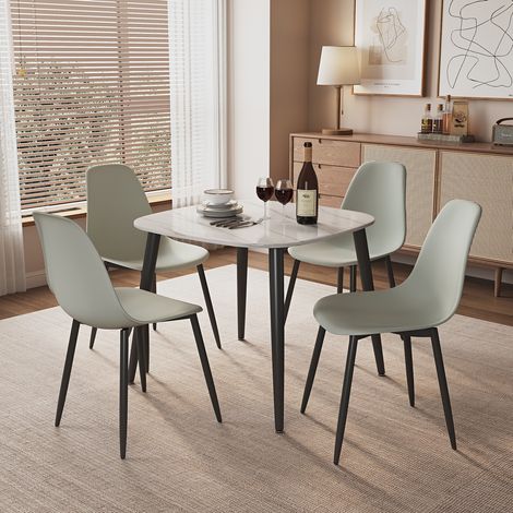 Aspen Gloss White Sintered Stone Square Table & 4 Grey Cruve Chair Set - Metal/Plastic - L52 x W46 x H84 cm