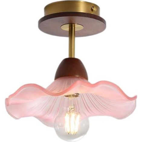 1 x Plafonnier Rétro avec Abat-jour en Verre Rose et Noyer, Fleurs Design Lampe Vintage E27 Ø23CM Luminaire Couloir (1/5)
