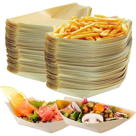 Bol en Bois, 100 Pièces, 17x8 cm Assiette Bambou Biodégradable, Convient pour Frites, Sushis, Poulet Frit, Salades, Gâteaux, Bonbons (1/5)