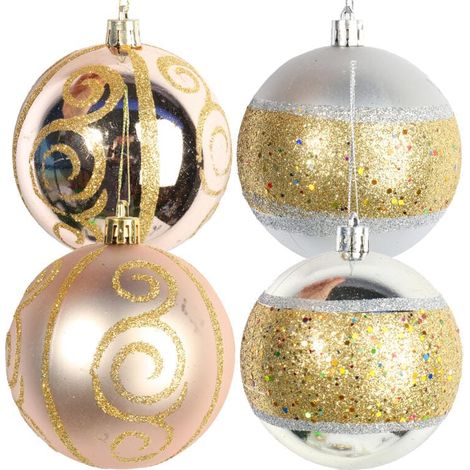 Set di 6 palline di plastica argento e oro con decorazione glitterata, 8 cm (1/5)
