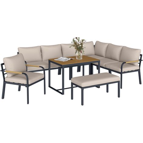 Set di mobili da giardino composto da 7 pezzi, divano angolare modulare per esterni con tavolo in WPC e pouf beige e grigio.