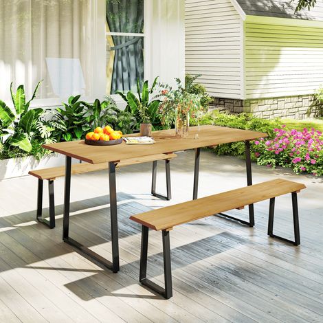 Set da pranzo in legno composto da 3 pezzi per 6 persone, tavolo da pranzo con 2 panche, foro per ombrellone, tavolo in legno 178 x 76 x 77 cm, legno naturale