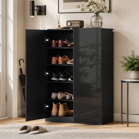 Zapatero de 5 niveles 72x34,5x103 cm negro, puertas brillantes para recibidor - CHICFURN (1/5)