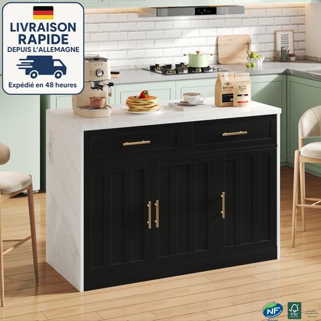 Îlot de cuisine 120 x 60 x 91 cm – bar arrière 20 cm, 2 tiroirs & 3 portes, prises 2x secteur + 2x USB, plan marbre blanc, noir (1/5)