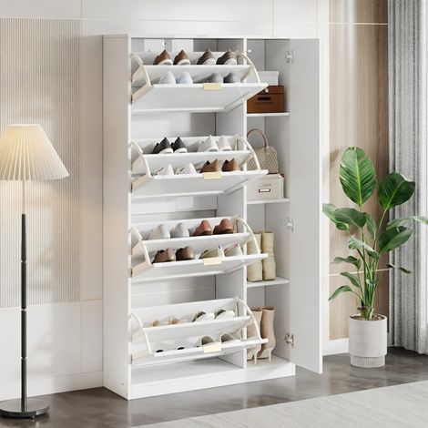 Meuble à Chaussures avec Miroir, 4 Abattants, Rangement Entrée Blanc, 80x147x24cm (1/5)