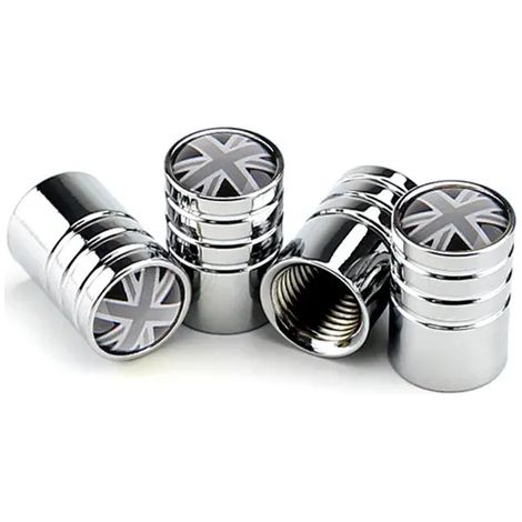 (Argent) Cache-valves de pneus de voiture, style auto, compatibles avec les enjoliveurs de roues Mini Cooper, lot de 4, avec drapeau britannique. (1/5)