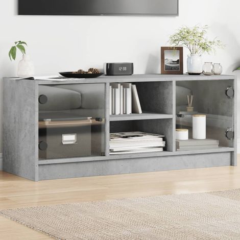 Meuble TV Banc TV Armoire TV avec portes en verre gris béton 102x37x42 cm (1/5)