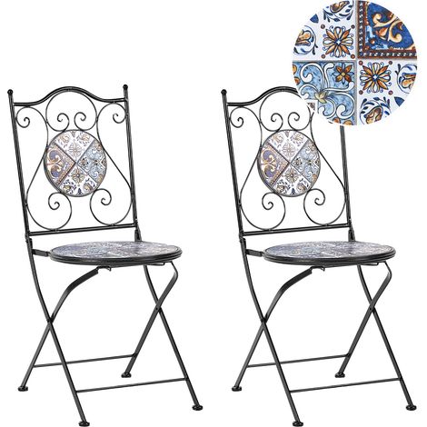 Conjunto de 2 sillas de exterior de metal de estilo vintage motivo mosaico plegable estructura de hierro negro Civita