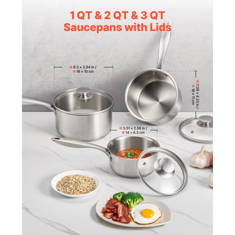 Ensemble de Casseroles en Acier Inoxydable 0,95/1,9/2,8 L, Antiadhésive, avec Couvercle en Verre et Poignée Ergonomique, Lavable au… (1/5)