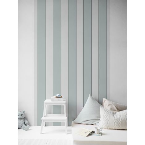 Papier peint panoramique, rayure vert de gris vintage, tendance rayure, 250 cm X 150 cm (1/5)