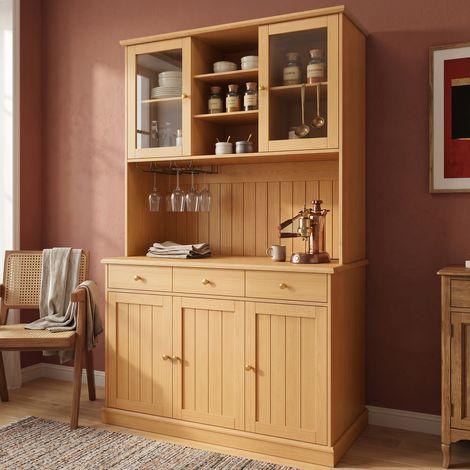Buffet haut 120x40x191 cm avec portes vitrées, prise intégrée, USB-C et USB-A, rangement, bois naturel (1/5)