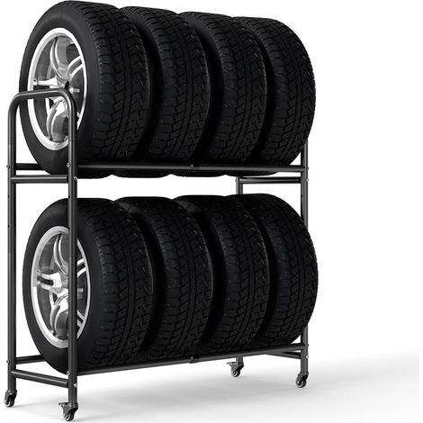 Étagère à pneus avec roues pour 8 pneus, 2 niveaux, réglable en hauteur, étagères de rangement peu encombrantes pour garage, maison, cave, atelier, (63-108) x 39 x 112 cm, noir (1/5)