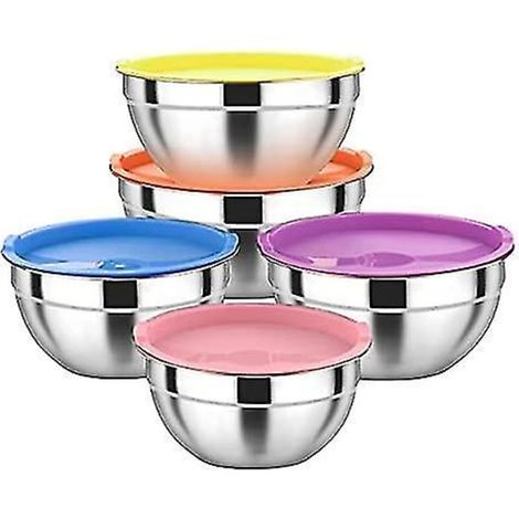 Ensemble de 5 bols mélangeurs, Acier inoxydable, Couvercles inclus, Bols empilables, Cuisine quotidienne (1/5)