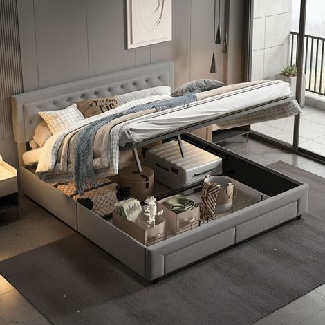 Lit coffre 160x200 cm avec sommier à lattes, lits hydraulique avec 2 tiroirs, lit double capitonné avec espace de rangement caché, lits 2 personnes, sans matelas, velours, gris (1/5)