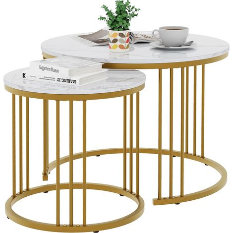 Lot de 2 tables basses rondes - Table d'appoint en bois - Table d'appoint pour salon, chambre à coucher, bureau, balcon - Structure en métal doré et plateau de table en marbre blanc (1/5)