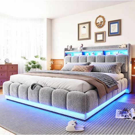 Lit coffre 180x200 cm en tissu peluche gris, LED et USB, gain de place pour chambre FloraGrace (1/5)