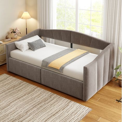 Letto a cassone bambini 90x200 cm con rete a doghe e braccioli, rivestimento in velluto, grigio, senza materasso (1/5)