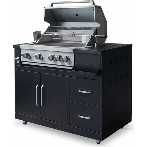 Oviala – Meuble barbecue gaz 4 brûleurs – Rôtissoire électrique – Grille de maintien au chaud – Dimensions 122x66x96 cm (1/5)