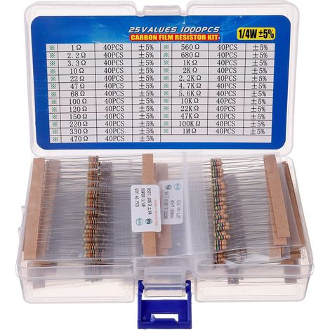 Assortiment de résistances 1 Ohm - 1 M Ohm 1/4 W - Film de carbone - Assortiment de résistances (25 valeurs, 1000 pièces) (1/5)