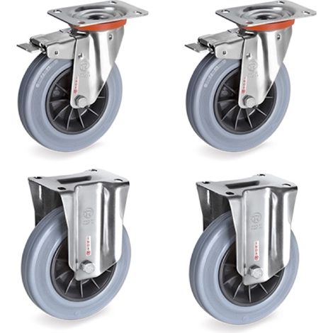 Lot de 4 roulettes INOX pivotantes à frein et fixes caoutchouc non tachant 80 mm - 150Kg (1/3)