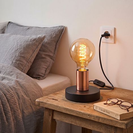 Lámpara de mesa KARL E27 en cobre y negro con cable e interruptor (1/5)