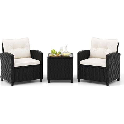 COSTWAY Ensemble de Meubles 3 Pièces de Patio en Rotin Charge 180KG, Salon de Jardin 2 Fauteuils Table Basse avec Plateau en Verre Trempé 4 Coussins Amovibles, pour Cour Piscine (Noir+Blanc) (1/5)
