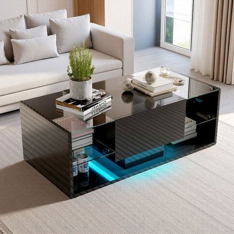 Schwarzer skandinavischer Couchtisch 100x50x35 cm - gehärtetes Glas, einstellbare LED, 1 Schublade & Stauraum