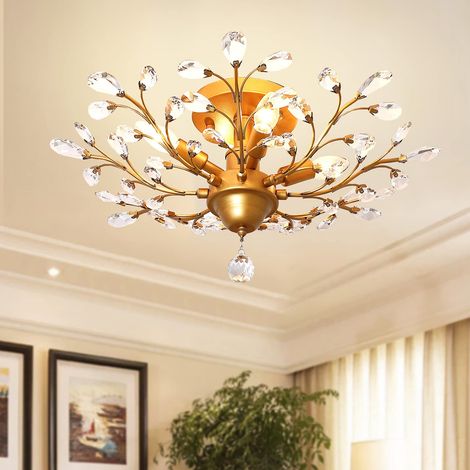 Plafonnier cristal doré – 4 feux – 60x30 cm – Lumière blanche – Semi-encastré moderne – Chambre/salon
