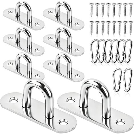Plaque à Œil Inox - Lot de 8 - Acier 304 - Fixation Robuste avec Mousqueton - Pour Voile Hamac Bateau - Argenté (1/5)