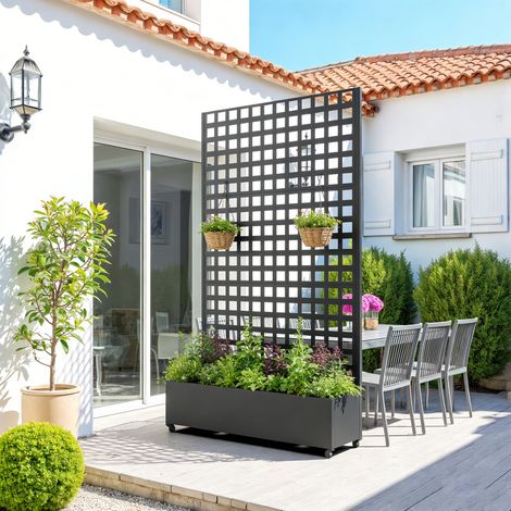 Cloison Toma avec bac à fleurs sur roulettes acier 190 x 82 x 38 cm noir casa.pro (1/5)