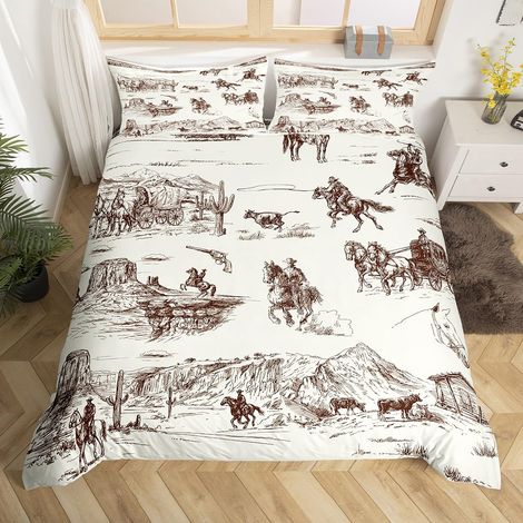 Parure de lit 3 pièces avec housse de couette respirante style esquisse vintage et cowboy au galop pour garçons et filles - Pour lit double (1/5)