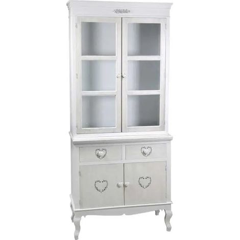 Vitrinenschrank Vincy 88x40x198 cm in weiß patiniert mit Glastüren und herzförmigen Griffen