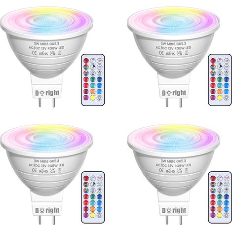 3W MR16 GU5.3 LED RGB Ampoules, 12V Dimmable Changement de Couleur MR16 LED Spot Light avec Télécommande, 16 Couleurs avec Mémoire et Fonction de Synchronisation, Blanc Chaud 3000K - lot a 4 (1/5)