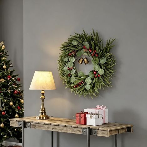 Couronne de Noël Verte 50cm avec Cloches, Décoration de Porte Faite Main Couronne de Noël Verte 50cm pour en Plastique avec Cloches Faite Main, Décoration Festive pour robuste pour Porte (1/5)