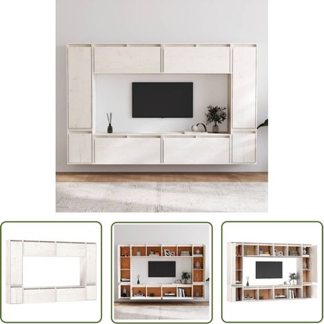 The Living Store Meubles TV 8 pcs Blanc Bois massif de pin - Meuble Tv - Meuble Suspendu - Rangement Mural - Bibliothèque Murale - Décoration Murale (1/5)
