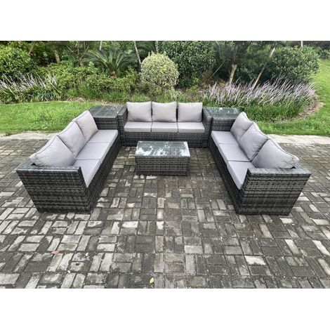 Fimous 9 Seater Outdoor Lounge Sofa Set Wicker PE Rattan Garden Furniture Set with Oblong Coffee Table 2 Side Tables Dark Grey Mixed (1/5)