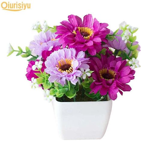 Chrysanthème artificiel, gypsophile, pot en bois, bonsaïbordeaux (1/5)