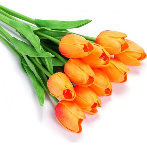 10 Tulipe Artificielle Fleurs, Latex Réaliste Toucher Fausses Tulipe Décor 34cm, Arrangement Floral en Gros pour Vase Centre de Table Mariage Fête, Orange Vif (1/5)